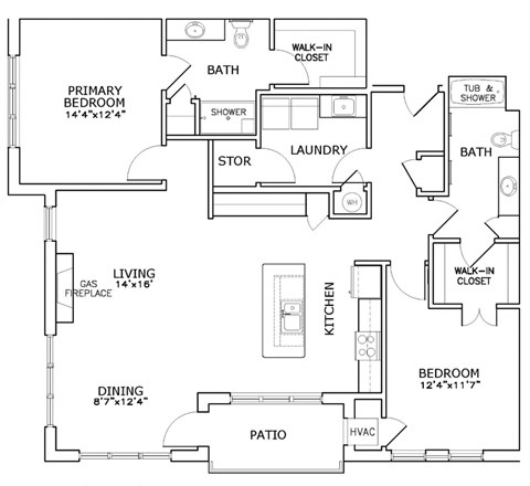 Floor plan for 2 beds, 2 baths, 1410 sqft
